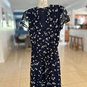 MSK Blue and White Flutter Sleeve Wrap Midi Dress